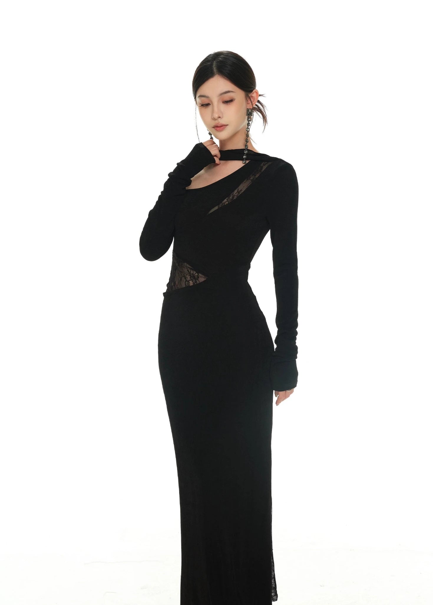 One-Shoulder Lace Detail Long Sleeve Dress with Scarf – nightcity clothing