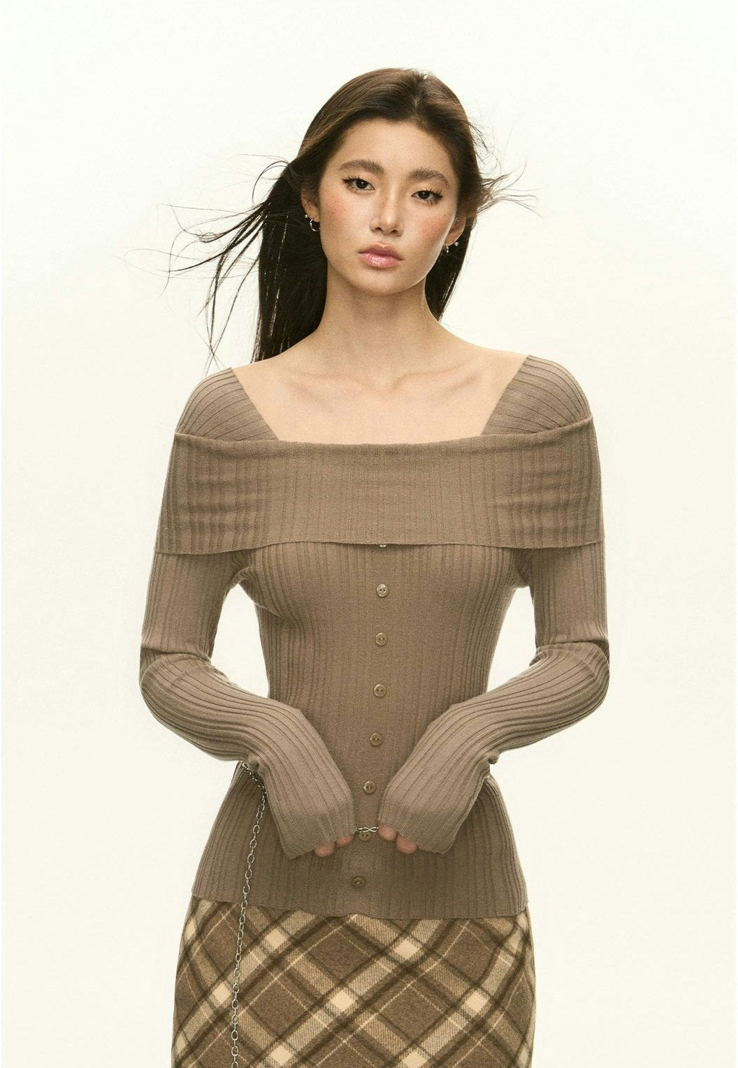 Ribbed Off-Shoulder Mock Buttoned Long Sleeve Top