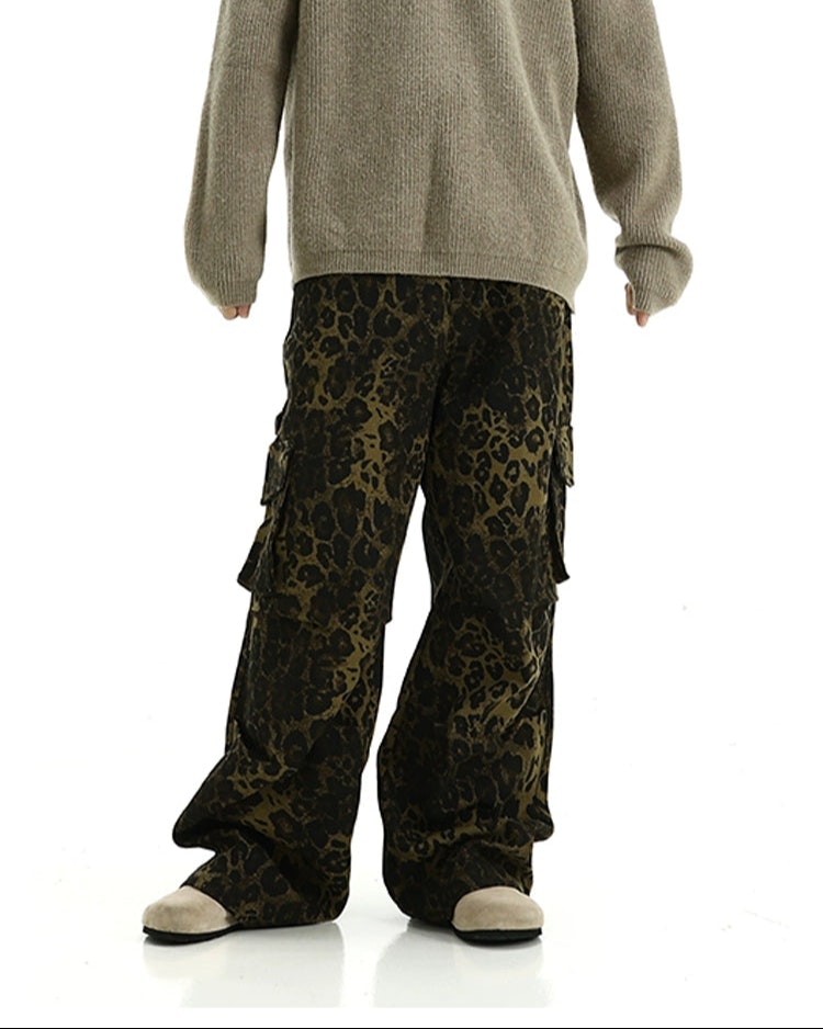 Leopard Print Cargo Pocketed Wide Leg Pants