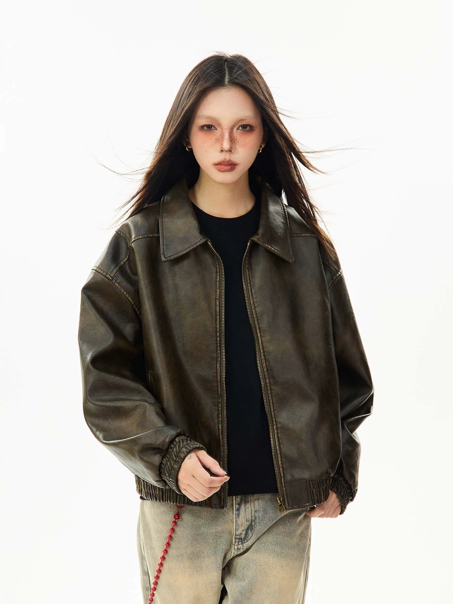 Faux Leather Bomber Jacket with Elastic Cuffs and Hem