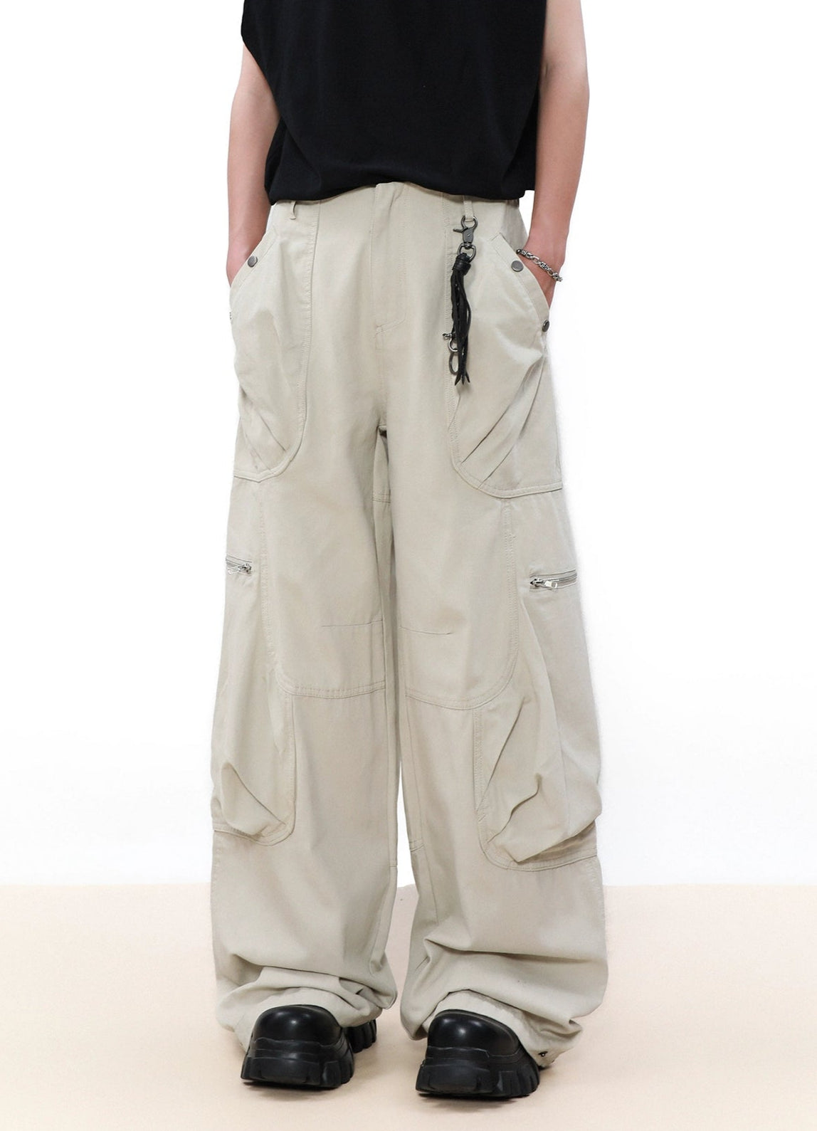 Wide Leg Cargo Pants with Oversized Pleated Pockets