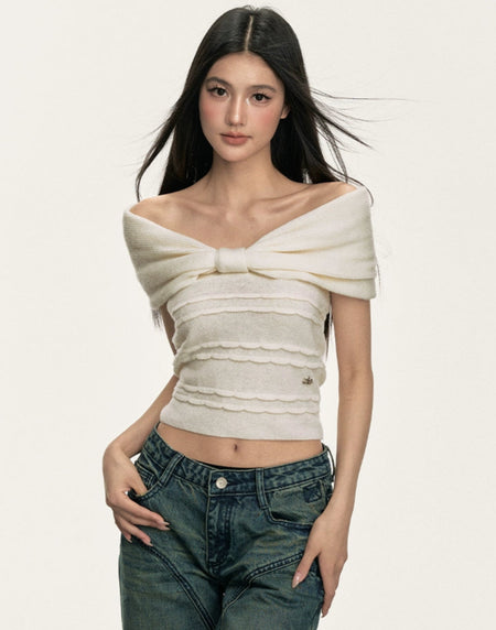 Off Shoulder Bow Knit Top and Textured Stripes