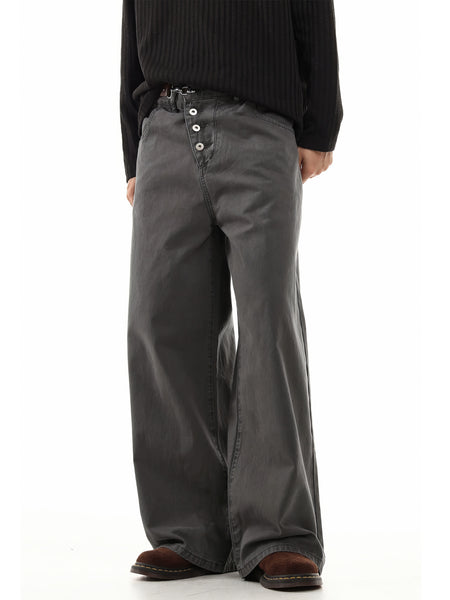 Wide Leg Jeans with Diagonal Button Closure and Metal Clasp