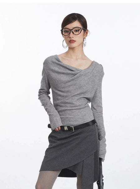 Asymmetric Cowl-Collar Long Sleeve Lightweight Top - nightcity clothing