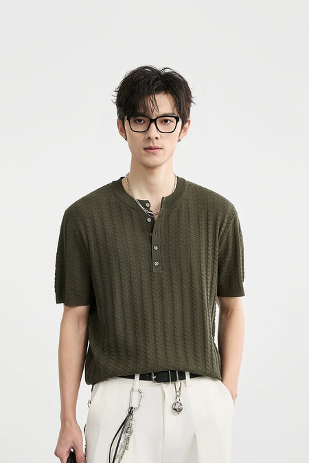 Textured Knit Ribbed Trim Half Button Short Sleeve Shirt