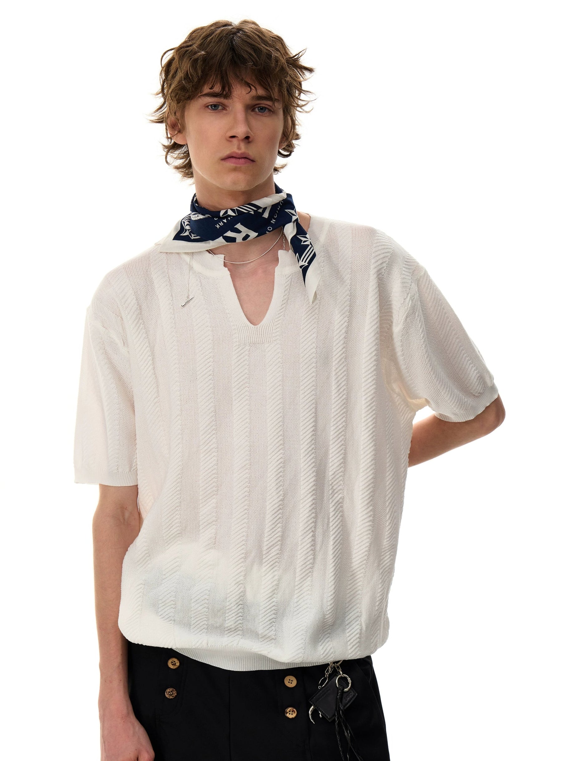Textured Stripe Notch Neck Short Sleeve Top