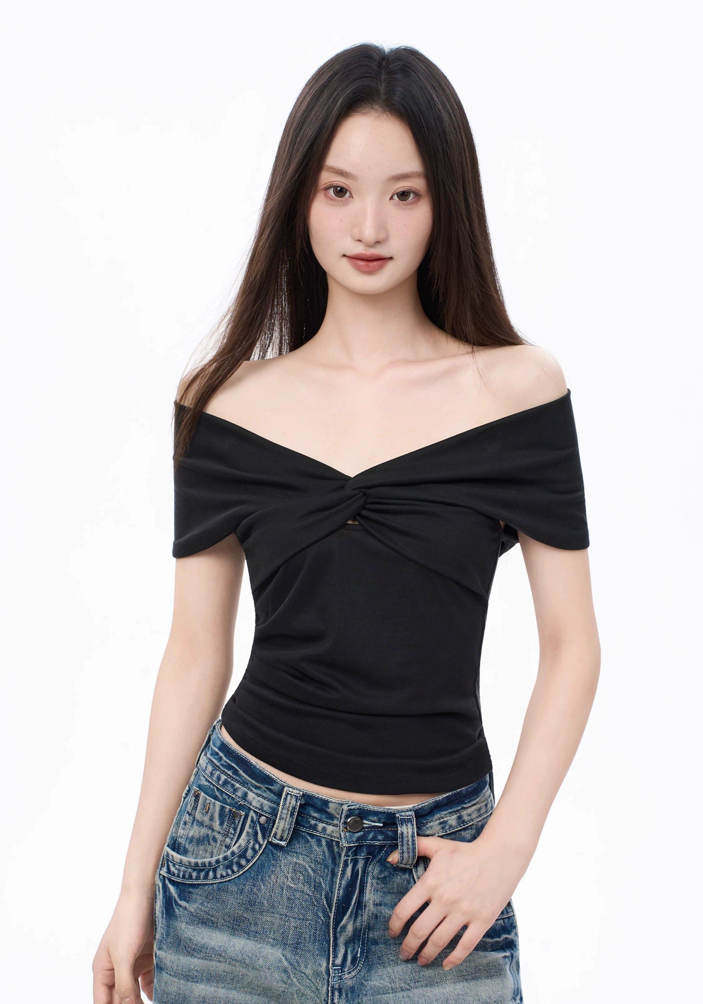 Off Shoulder Slim-Fit Twist Front Ribbed Top