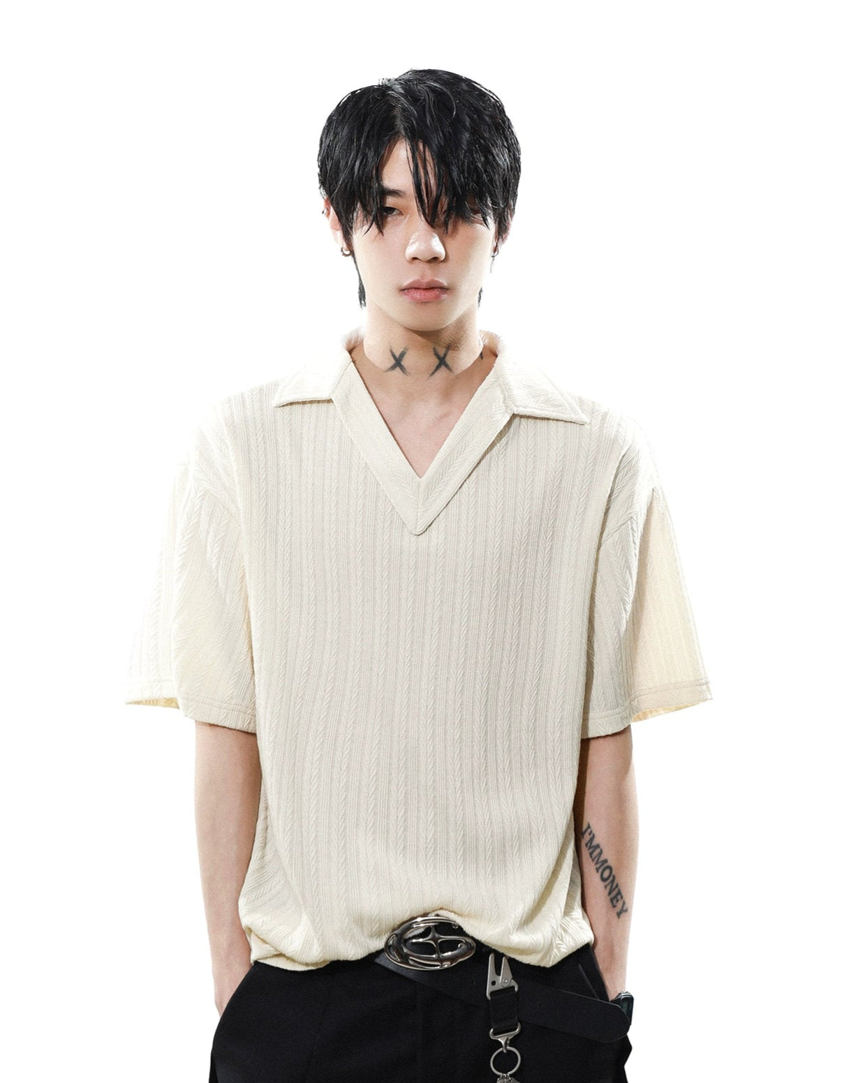Textured Knit V-Neck Polo Collar Short Sleeve Top