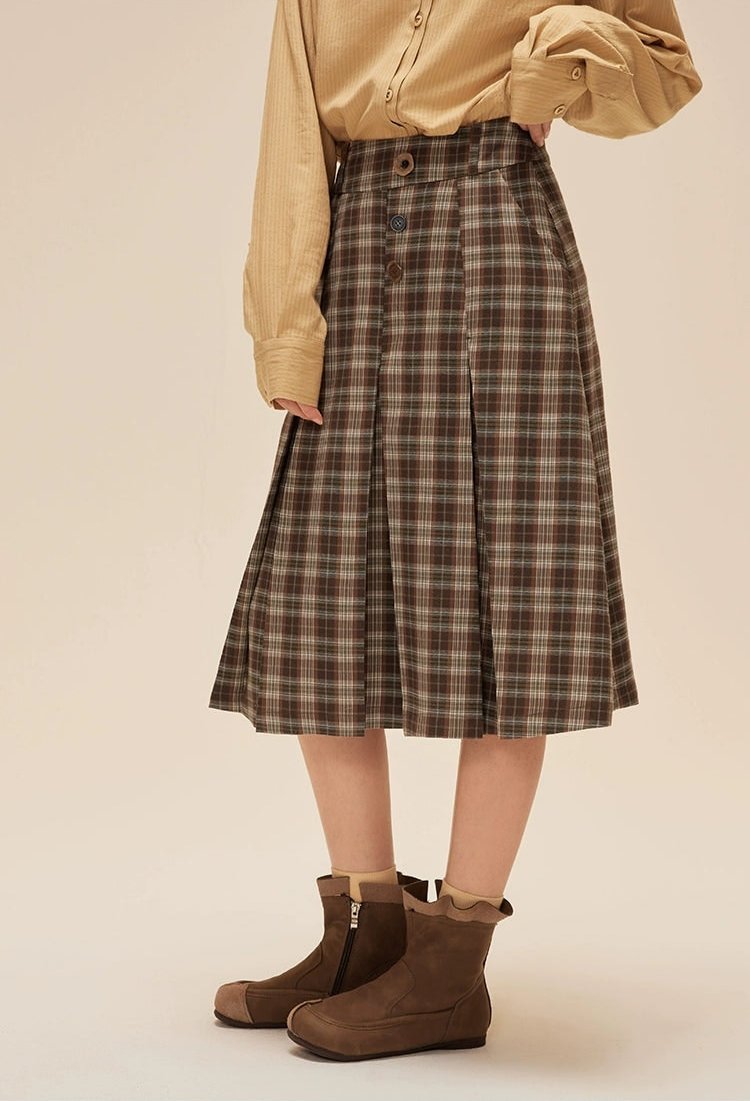 Pleated Plaid Midi Skirt with Button Detail