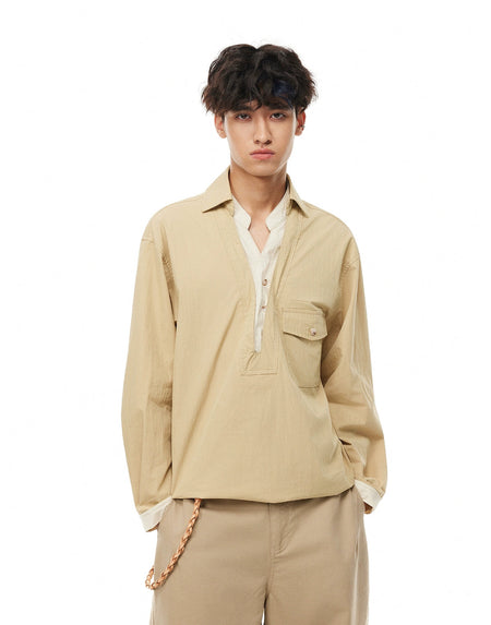 Mock Layered Popover Shirt with Button Neck