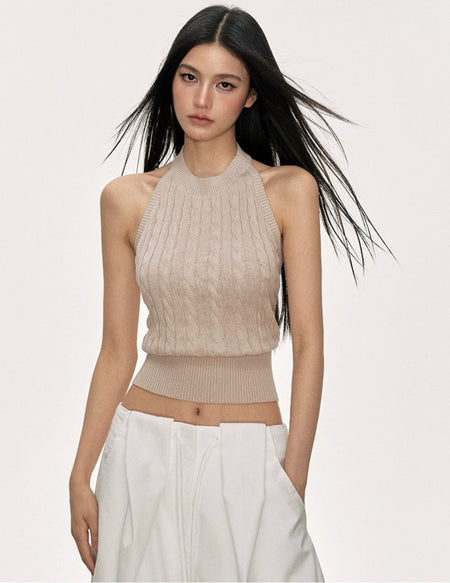 Cable Knit Ribbed Halter Neck Open Back Crop Top - nightcity clothing