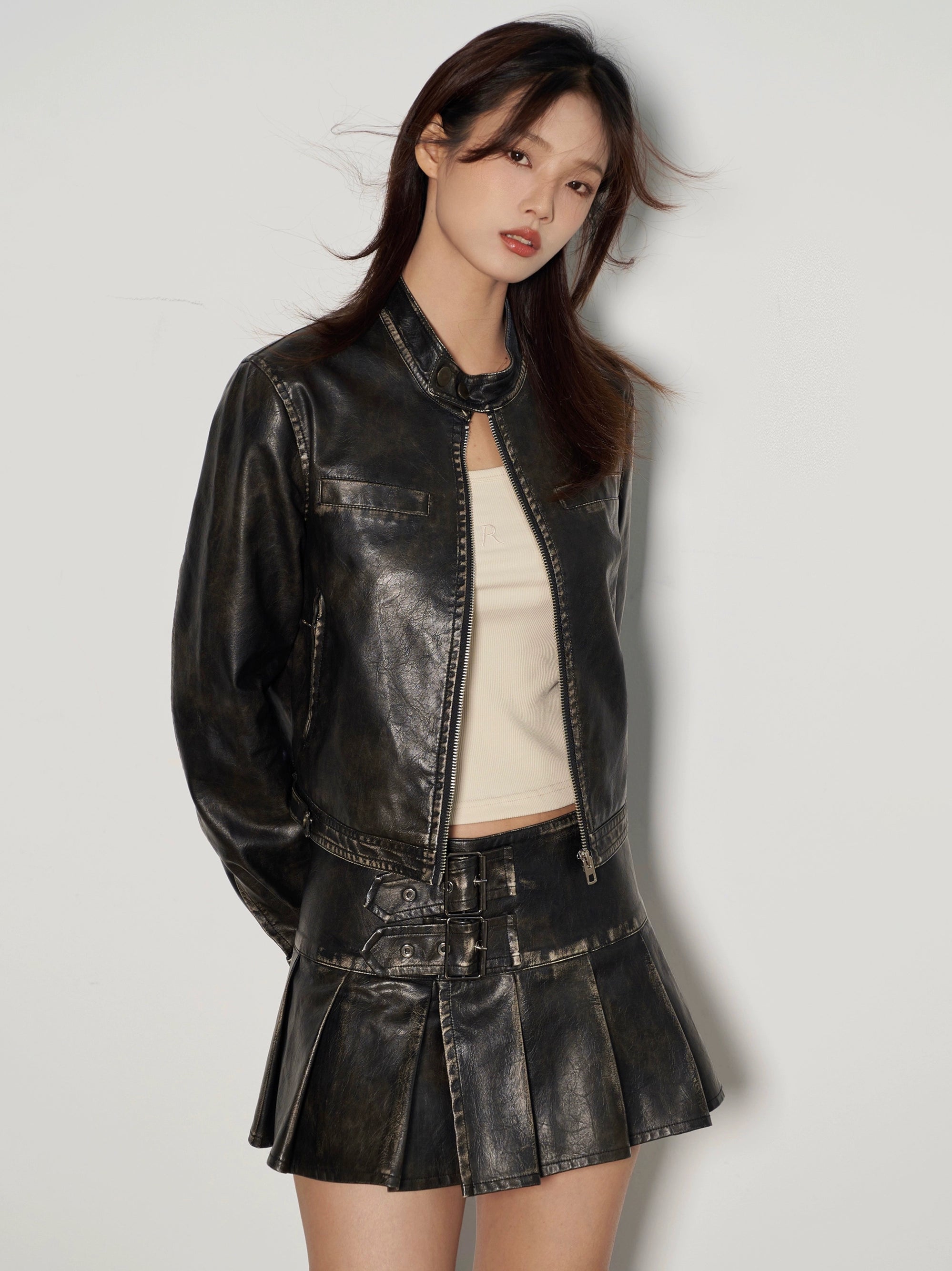 Slim Vintage Wash Faux Leather Zip-Up Jacket and Pleated Skirt Set
