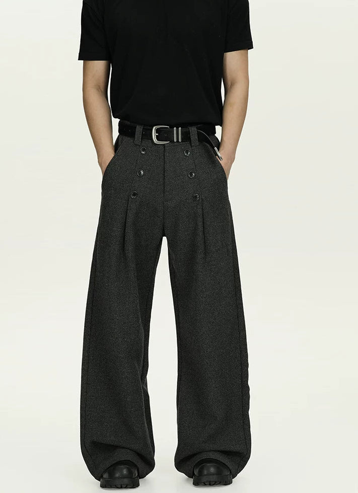 High-Waisted Pleated Wide Leg Trousers with Button Details