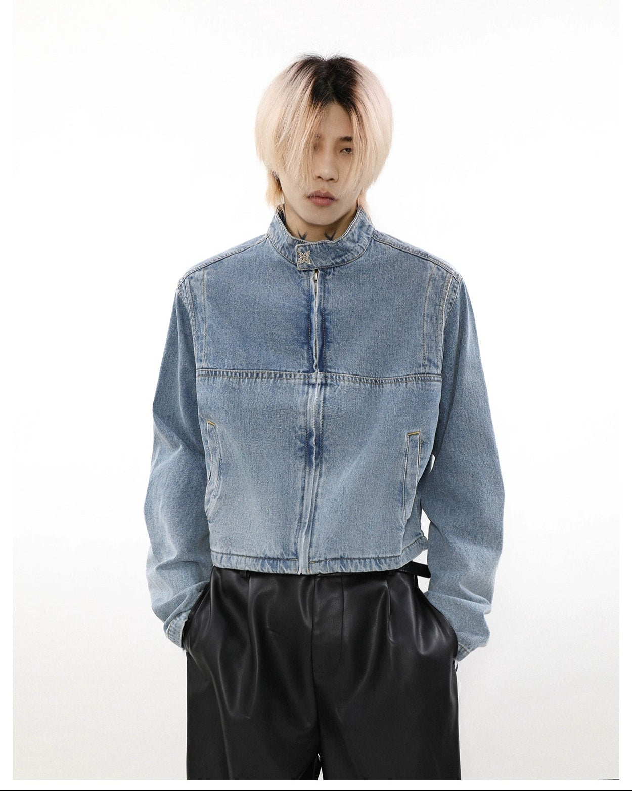 Vintage Wash Denim Cropped Bomber Jacket