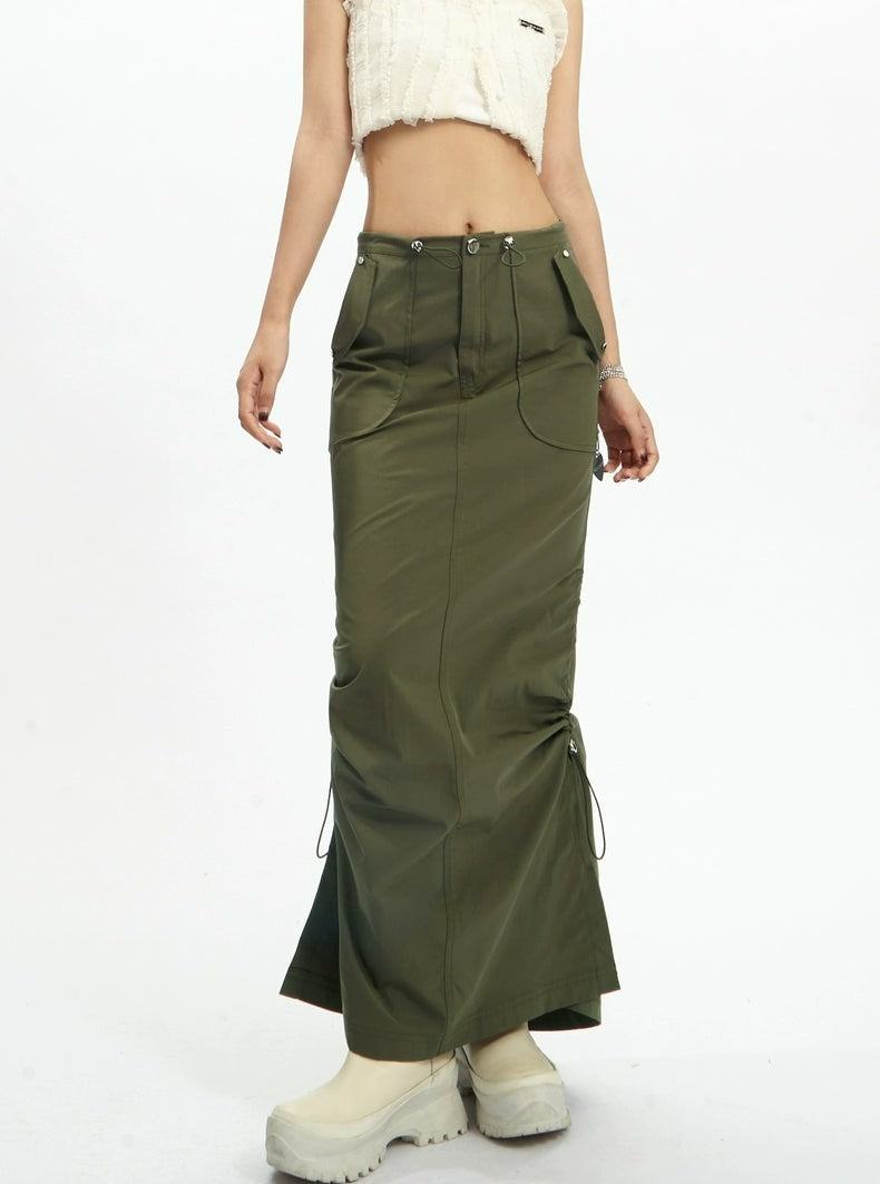 Adjustable Drawstring Midi Cargo Skirt