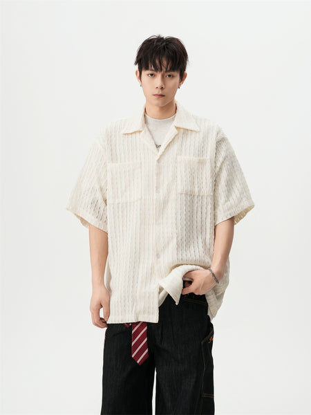 Sheer Open Knit Short Sleeve Button Up Shirt with Chest Pockets