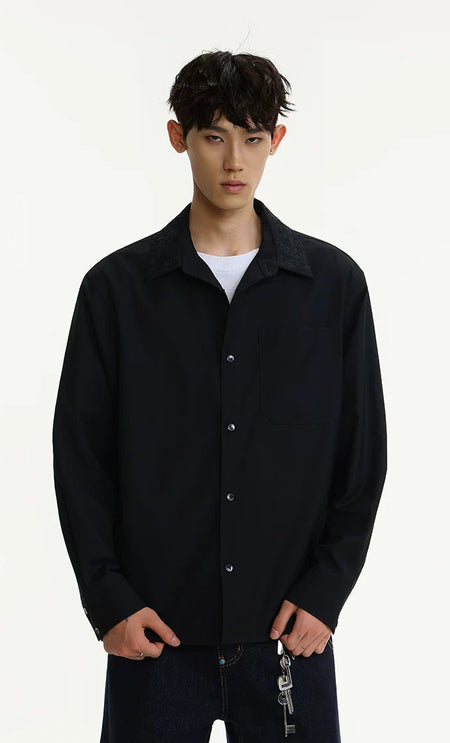 Contrast Embroidered Collar Long Sleeve Button Shirt