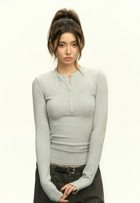 Ribbed Long Sleeve O-Neck Henley Top