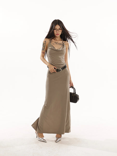 Sleeveless Cowl Neck Midi Dress with Side Slit - nightcity clothing