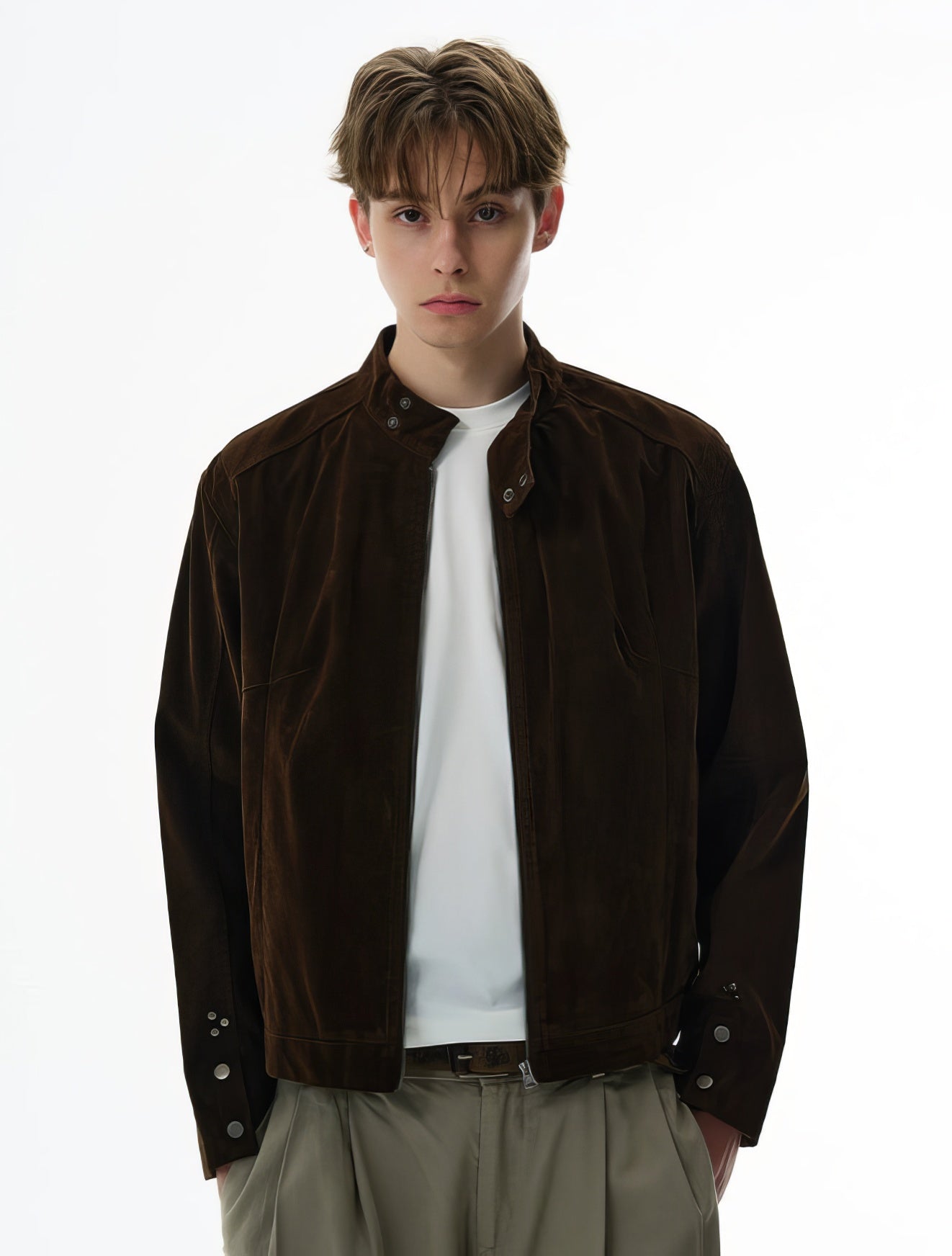 Suede Zip-Up Racer Jacket with Snap Collar and Button Cuffs
