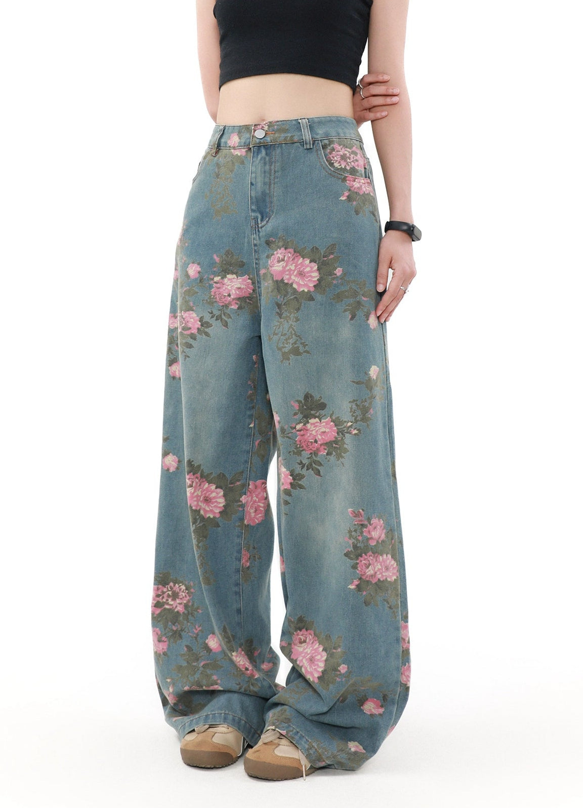 Wide Leg Vintage Floral Print Denim Jeans