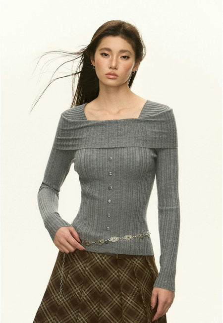 Ribbed Off-Shoulder Mock Buttoned Long Sleeve Top - nightcity clothing