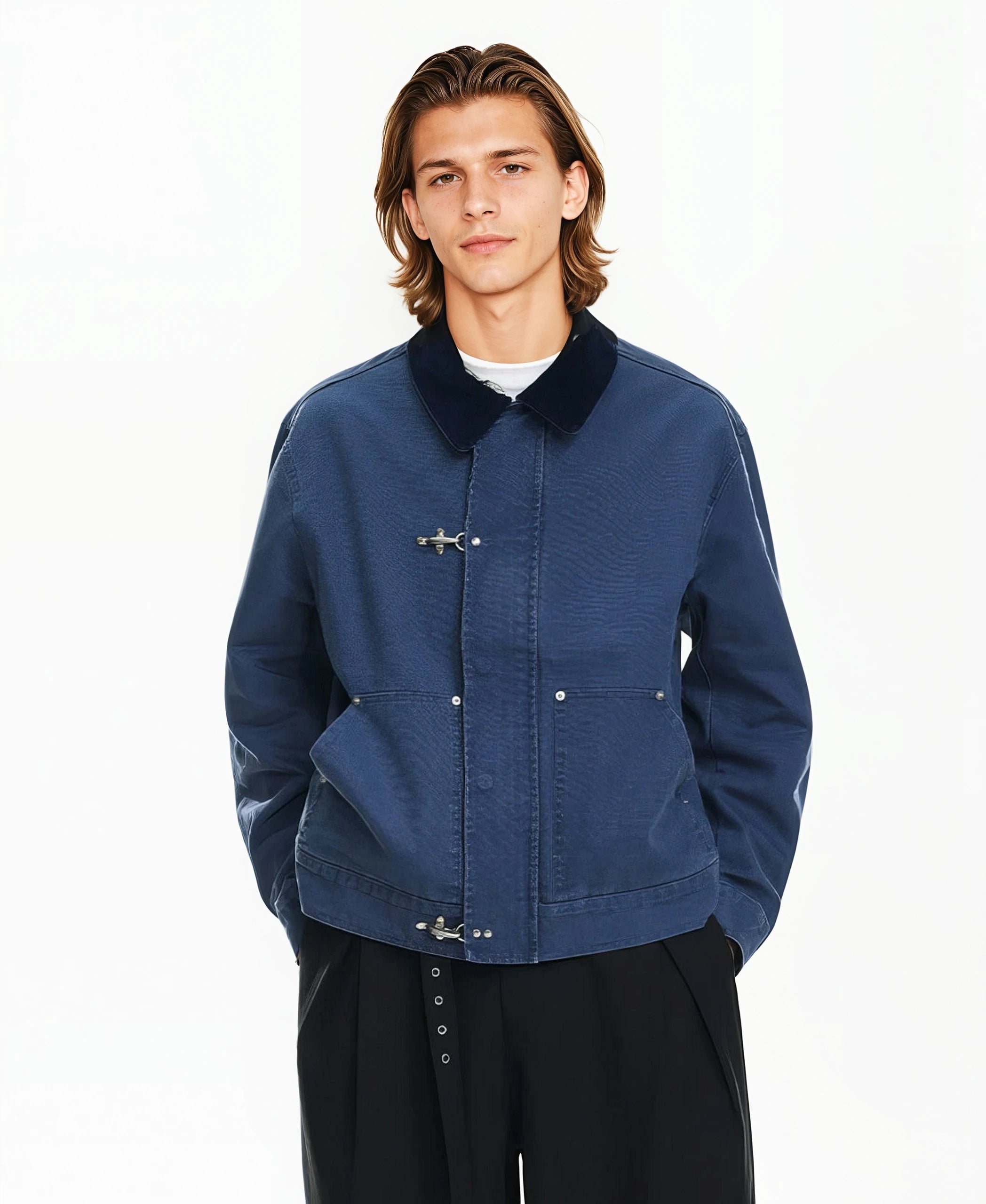 Structured Fireman Buckle Denim Jacket with Contrast Corduroy Collar
