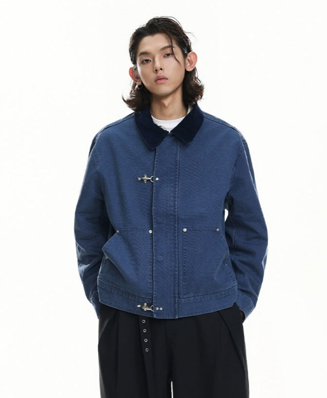 Structured Fireman Buckle Denim Jacket with Contrast Corduroy Collar