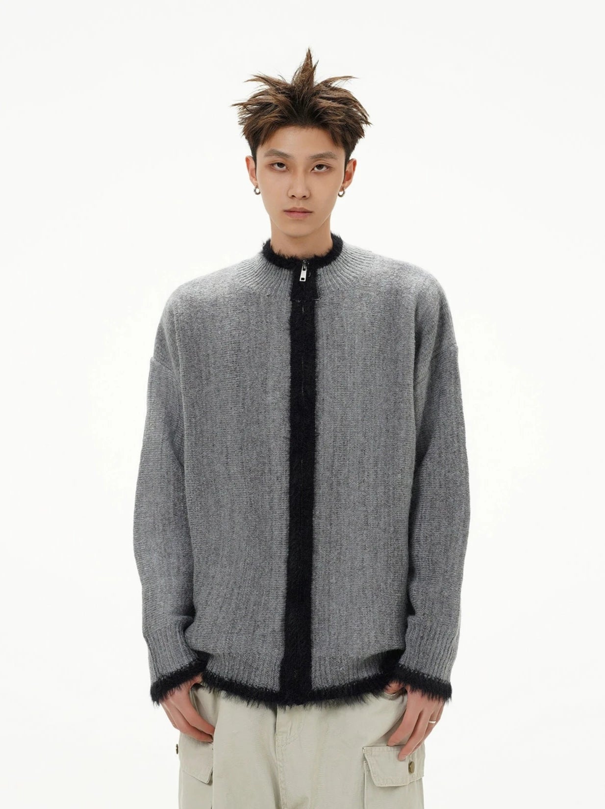 Fuzzy Contrast Trim Mock Neck Zip Jacket