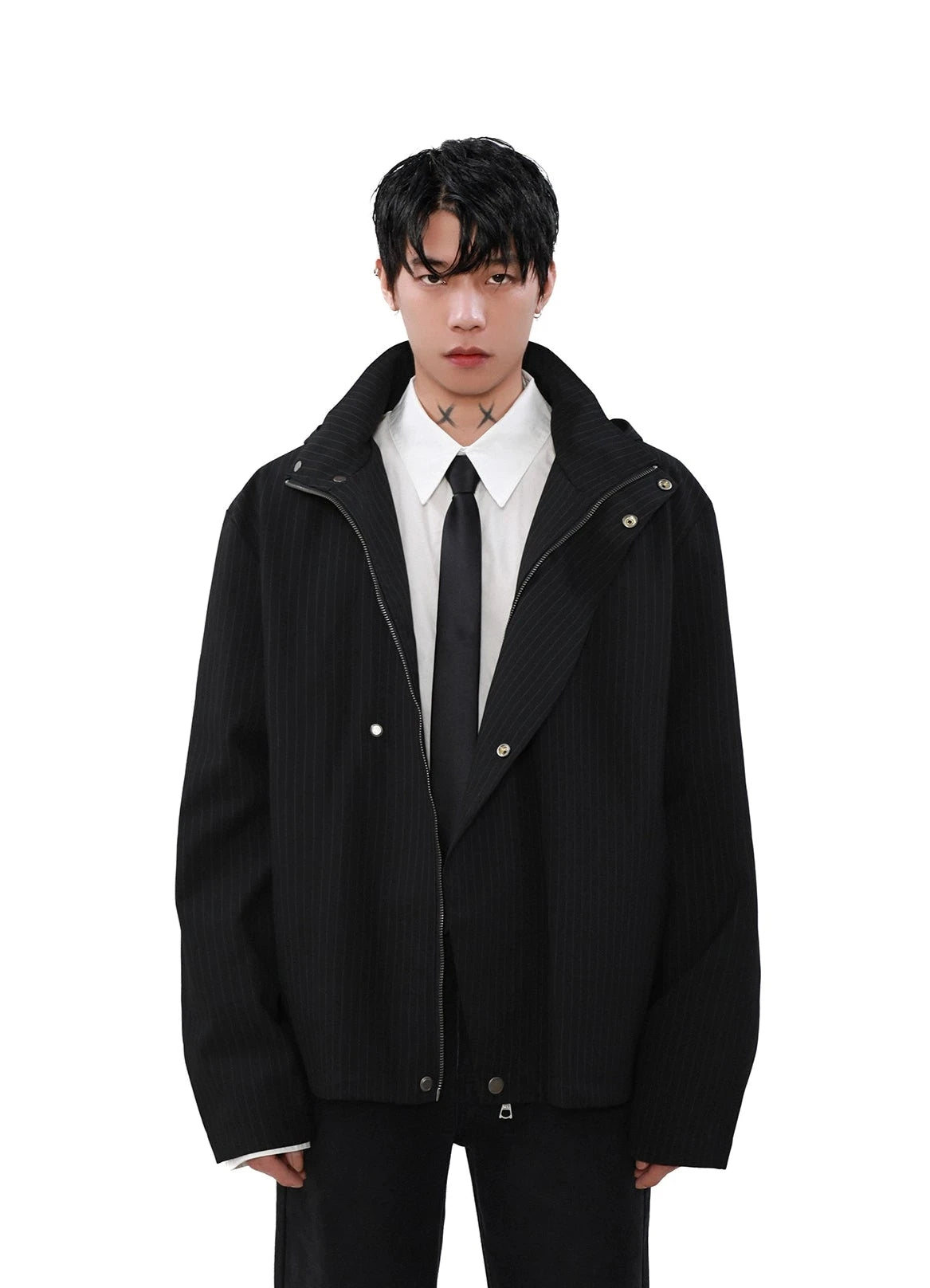 Pinstripe Hooded Zip Jacket with Snap Button Closure