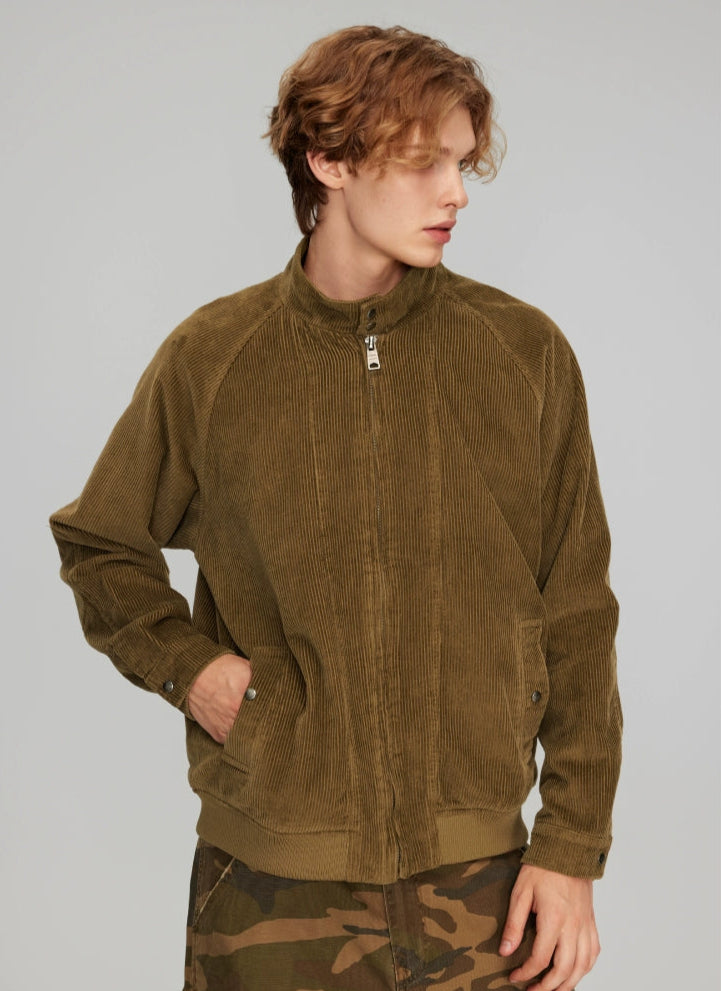 Slim Corduroy Zip Bomber with Snap Cuff Detail
