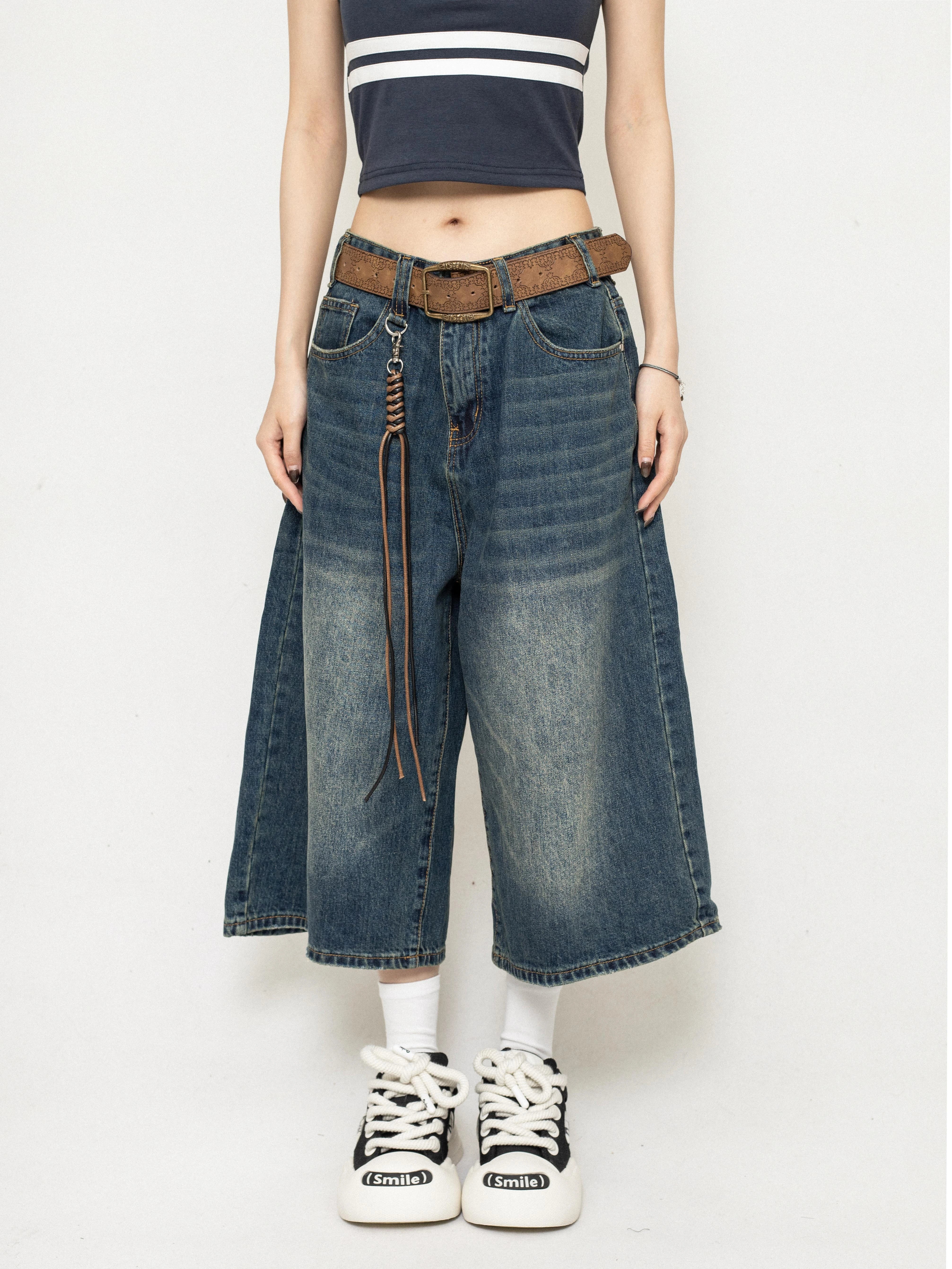 Wide-Leg Denim Bermuda Long Jorts with Faded Wash