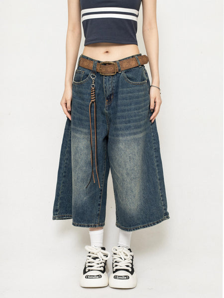 Wide-Leg Denim Bermuda Long Jorts with Faded Wash - nightcity clothing