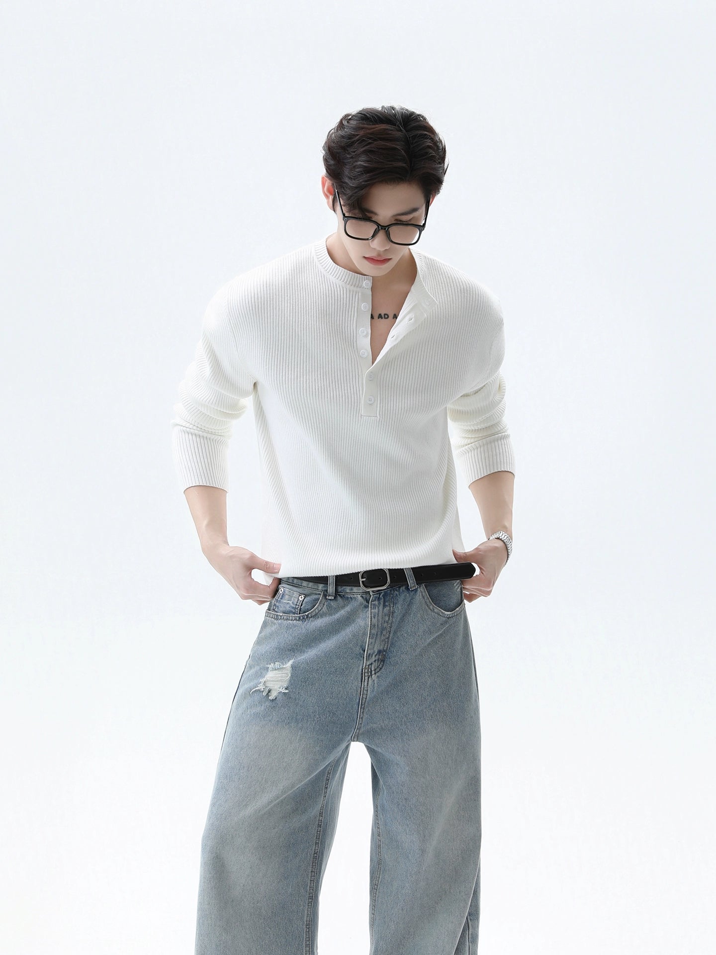 Ribbed Knit Henley Sweatshirt with Button Neckline