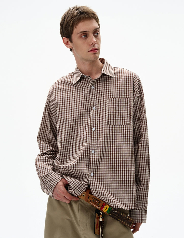Slim Drop Shoulder Narrow-Plaid Button-Up Shirt