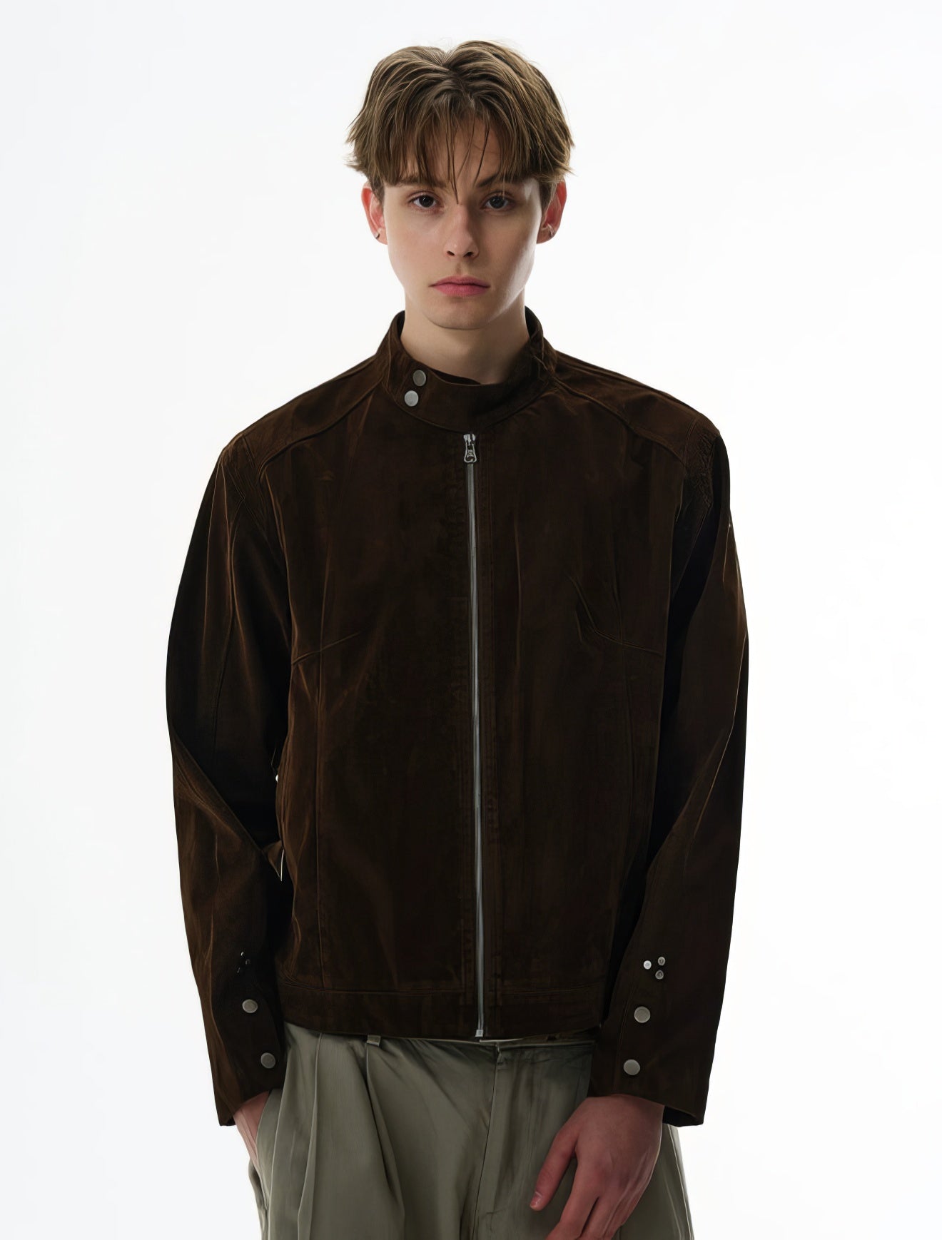 Suede Zip-Up Racer Jacket with Snap Collar and Button Cuffs