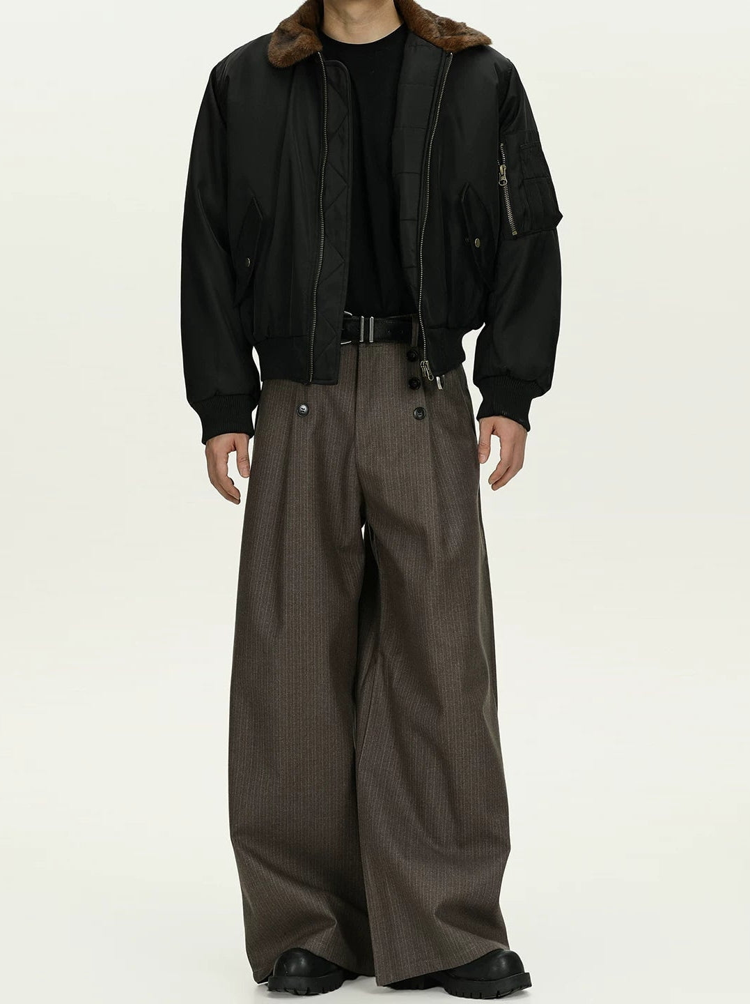 High Waist Double Button Pleated Pinstripe Pants