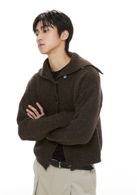 Fold Over Collar Knit Button-Up Cropped Cardigan