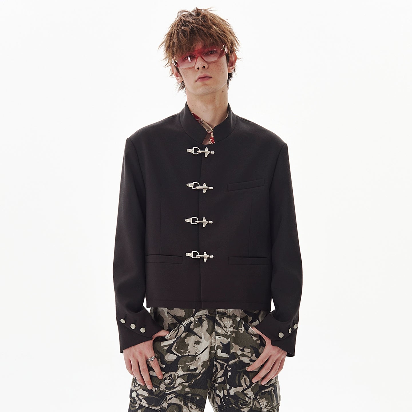 Fireman Clasp Mandarin Collar Cropped Suit Jacket