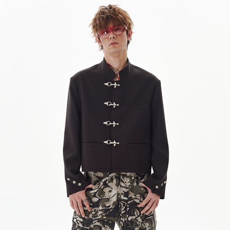 Fireman Clasp Mandarin Collar Cropped Suit Jacket