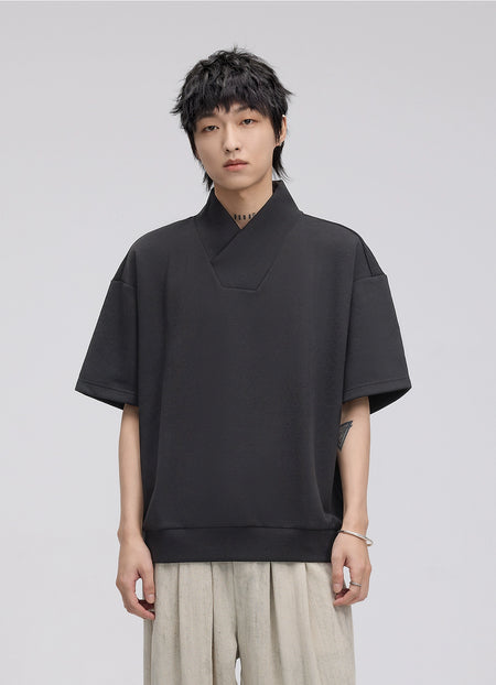 Overlap Collar Drop Shoulder Short Sleeve Shirt