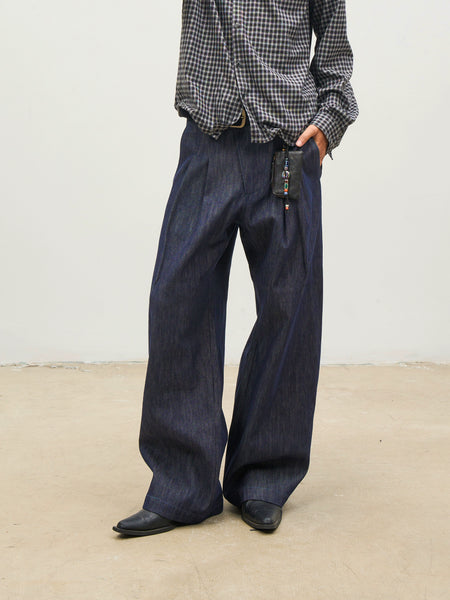 Wide Leg Pleated Mid-Rise Denim Trousers