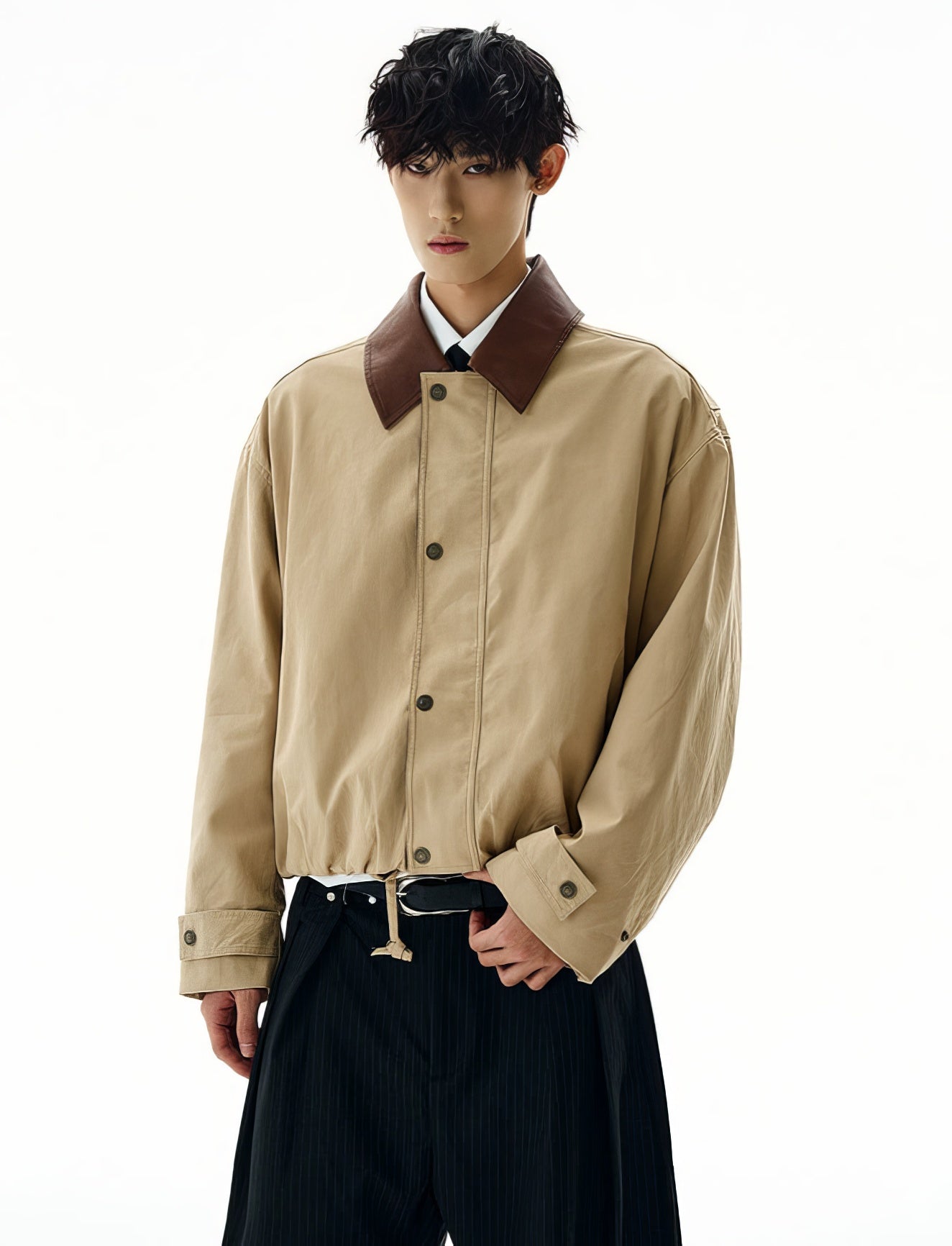 Cropped Contrast Leather Collar Zip Worker Jacket