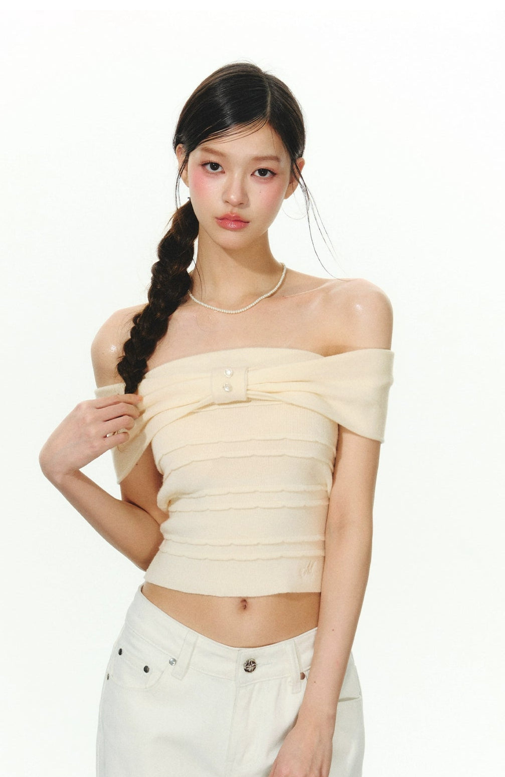 Off Shoulder Crop Top with Layered Detail and Pearl Accent