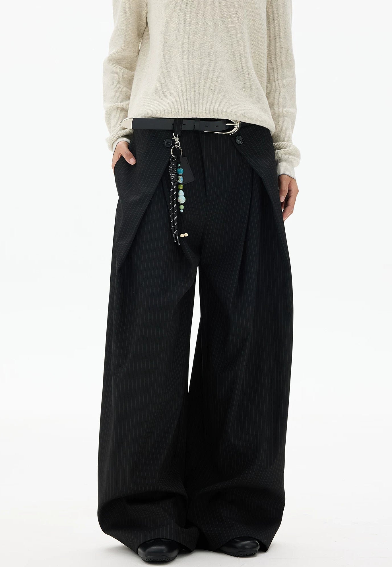 Wide Leg Pinstripe Draped Double-Pleated Trousers