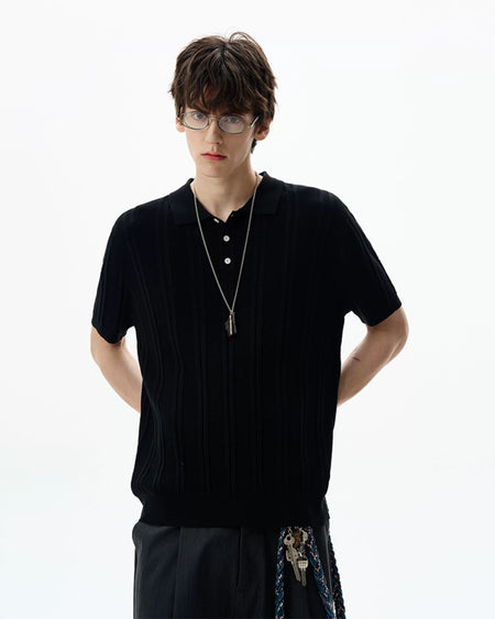 Ribbed Knit Short Sleeve Polo Shirt