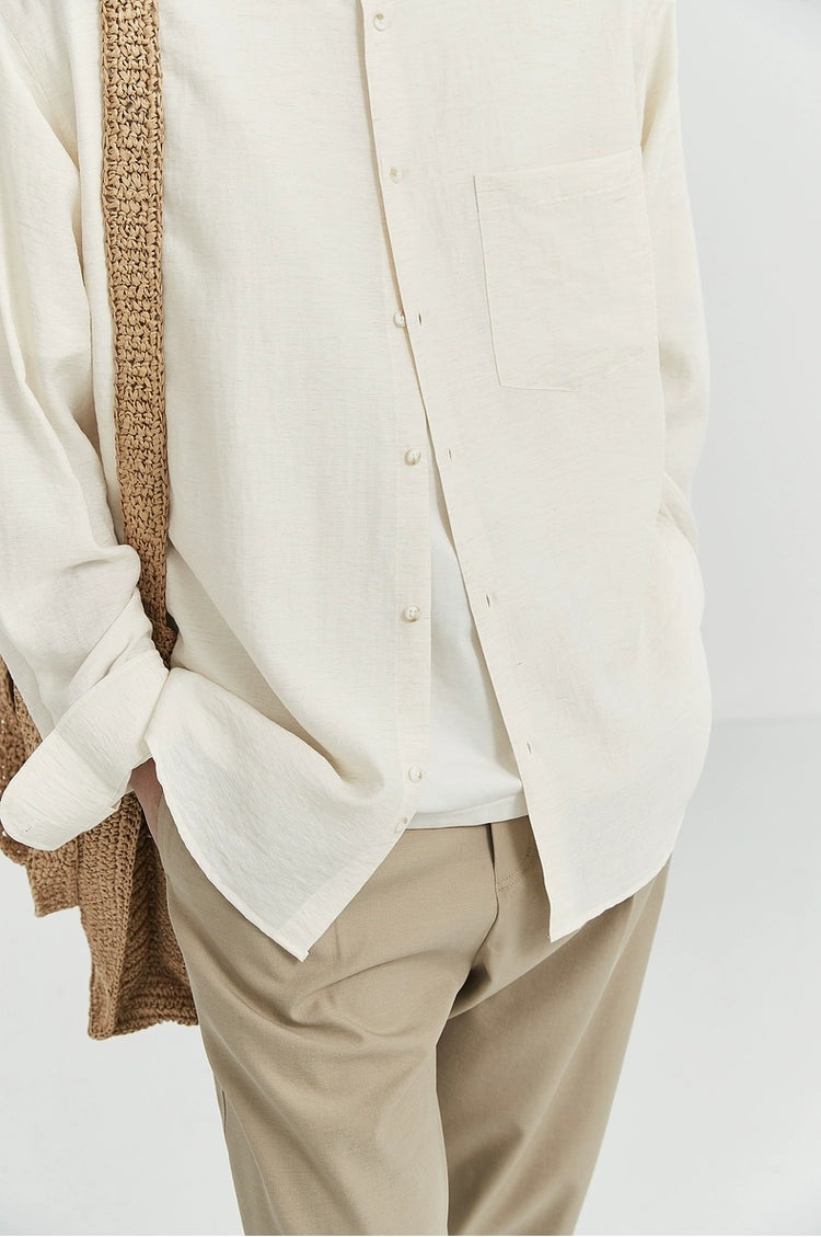 Oversized Linen Long Sleeve Shirt with Grandad Collar