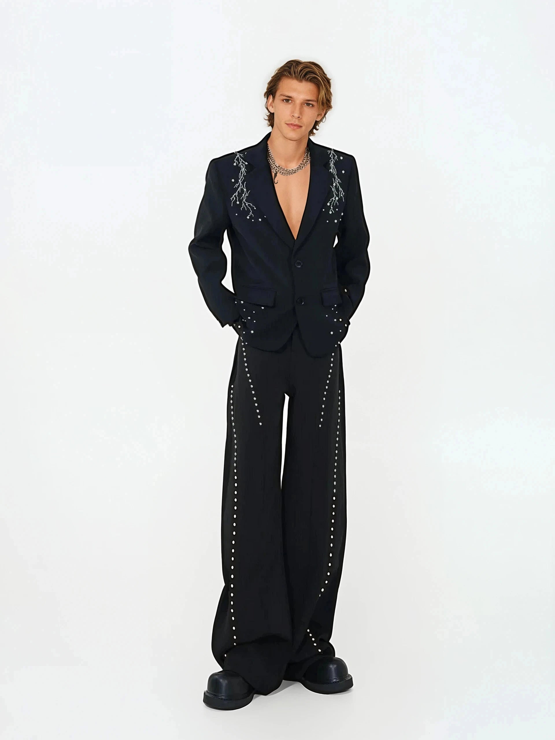 Embellished Single Breasted Blazer and Wide Leg Studded Trousers Two Piece Set