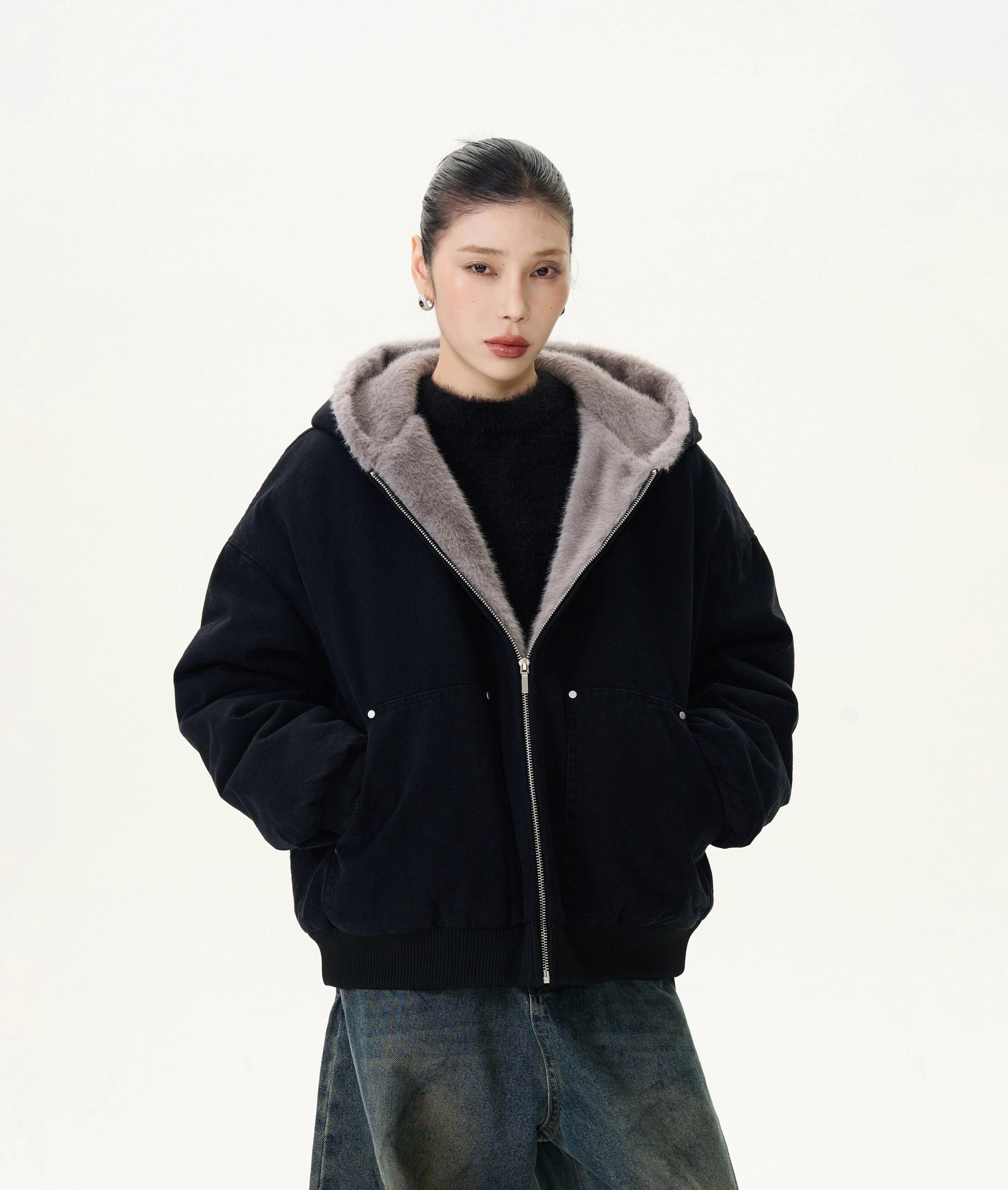 Faux Fur Lined Bomber Jacket with Pockets