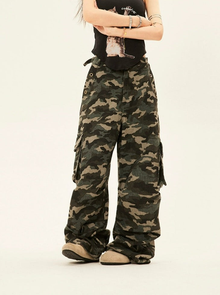 Camouflage Cargo Trousers with Double Side Belt Straps